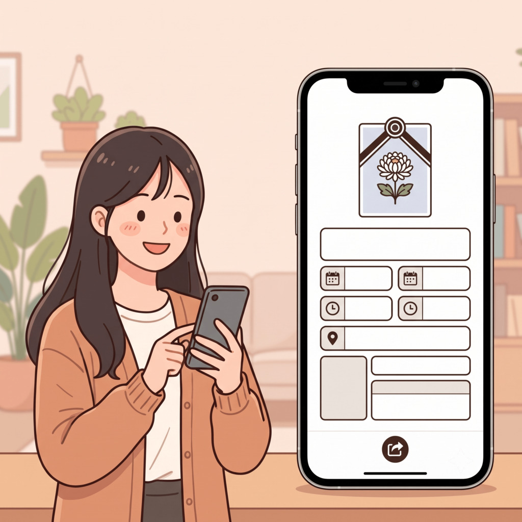 이지부고로 모바일 부고장을 만드는 모습 일러스트